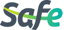 Logo stylisé 'safe' en gris-bleu foncé avec une ligne ondulée vert-jaune traversant les lettres.