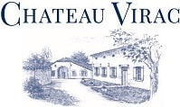Chateau Virac : Domaine Viticole et Vins Français Logo 'Chateau Virac' avec une illustration bleu et blanc d'un domaine viticole traditionnel, montrant des bâtiments et une allée d'accès.