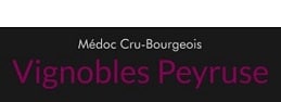 Vignobles Peyruse : Médoc Cru-Bourgeois Authentique Étiquette de vin indiquant « Médoc Cru-Bourgeois » au-dessus du nom « Vignobles Peyruse » en lettres majuscules violettes.